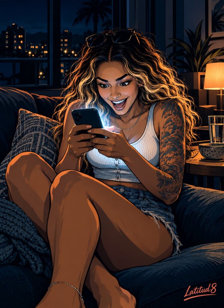 Steffany on a sofa at night, lit by her phone glow, thumb on the screen, wide-eyed and delighted at a transfer