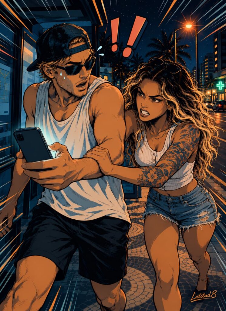 Steffany gripping Keith’s wrist at the last second as his thumb nears a confirm button on his phone at night