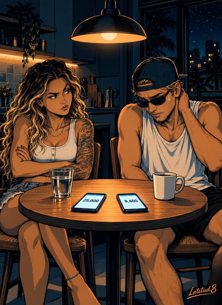 Steffany with a dry raised eyebrow and Keith looking sheepish across a kitchen table with two phones between them