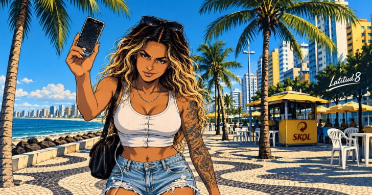 Steffany on Beira Mar promenade in Fortaleza holding a cheap decoy phone aloft, her real phone’s cable at her waist