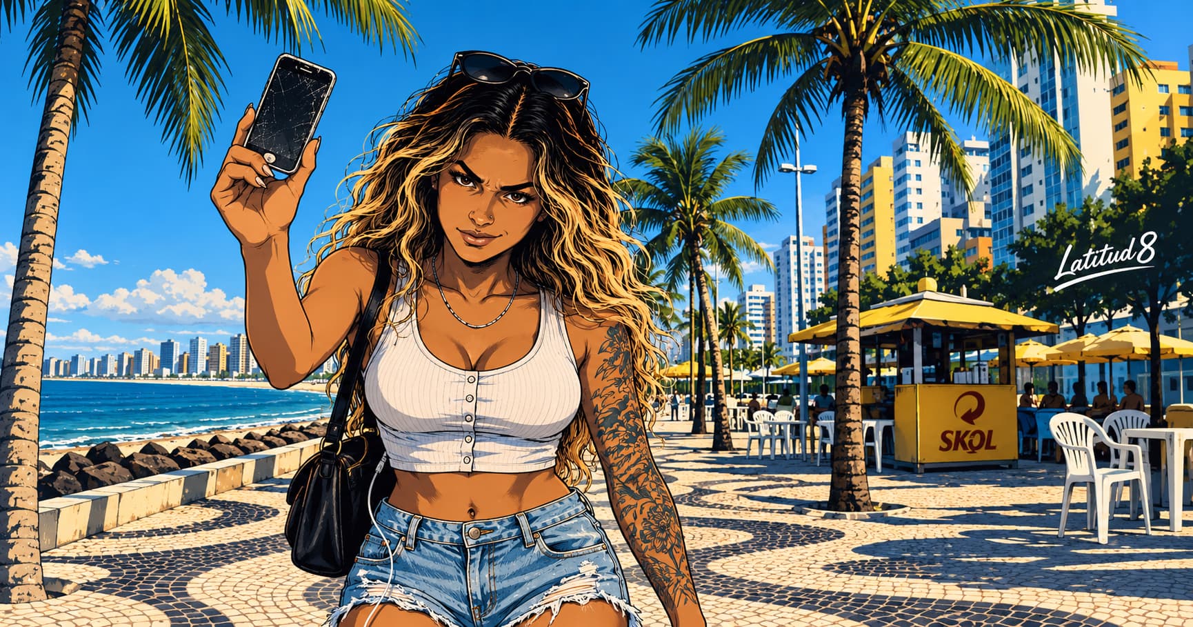 Steffany on Beira Mar promenade in Fortaleza holding a cheap decoy phone aloft, her real phone’s cable at her waist