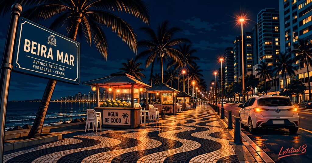 The Beira Mar promenade in Fortaleza at night, lit by streetlights and kiosks, no characters