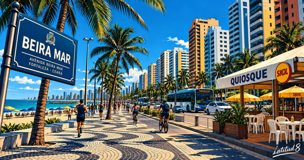 The busy Beira Mar beachfront in Meireles, Fortaleza by day with joggers, kiosks and traffic, no characters
