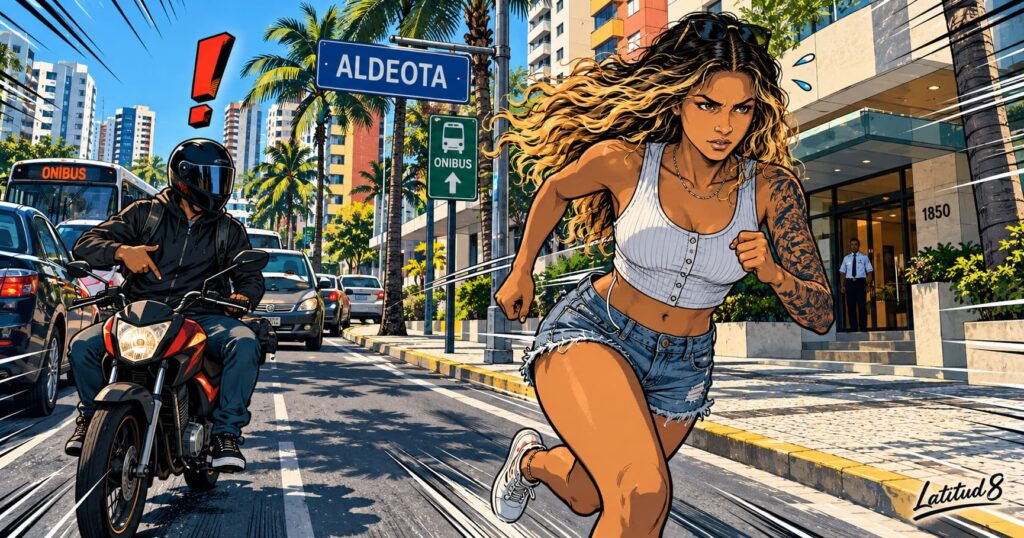 Steffany spinning to run down a one-way Aldeota street as a moto rider stops ahead of her at 8am, traffic behind him