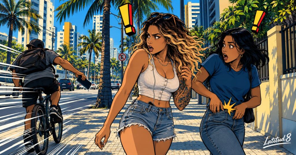 A cyclist rides off with a phone lifted from a friend’s back pocket as Steffany spins round in shock on a Fortaleza street