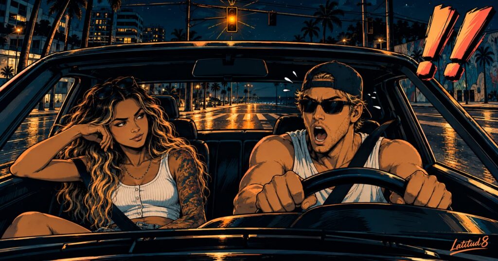 Keith grips the wheel in alarm as a Fortaleza traffic light flashes amber at night while Steffany sits calm beside him