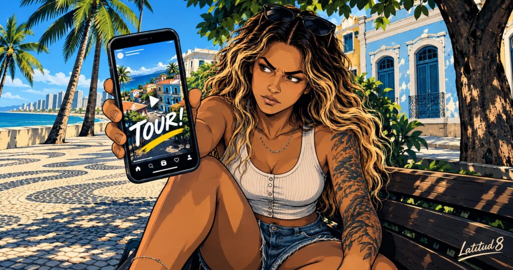 Steffany on a Fortaleza pavement looking sideways at a social media reel on her phone with a dry raised eyebrow