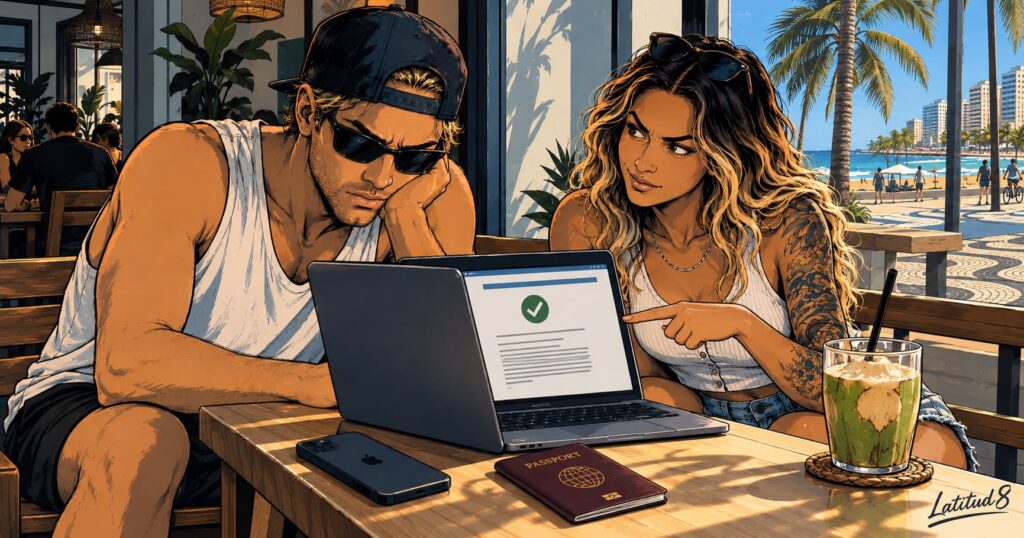 Steffany points at a laptop screen with a dry raised eyebrow while Keith squints suspiciously at the small print