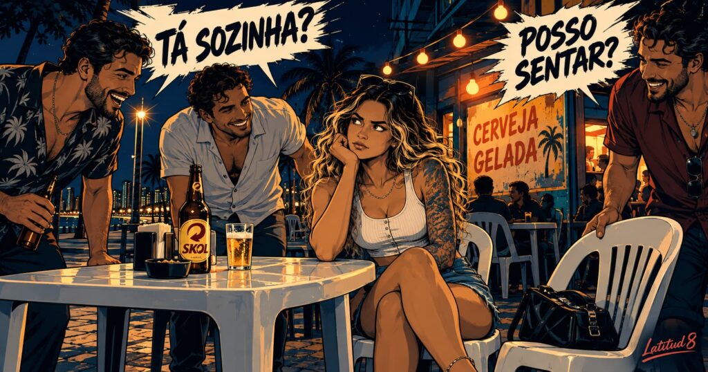 Steffany alone at a boteco table with a Skol bottle as three men approach with lines, her eyebrow raised in dry disbelief
