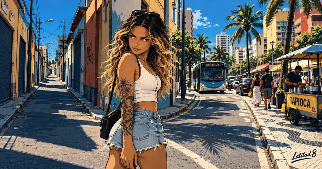 Steffany at a Fortaleza street fork choosing the longer route with buses and people over the quiet empty shortcut