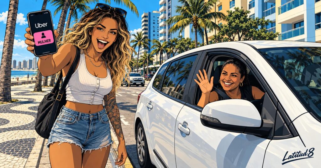 Steffany at a Fortaleza kerb checking the Uber Mulher button on her phone as a woman driver pulls up and waves
