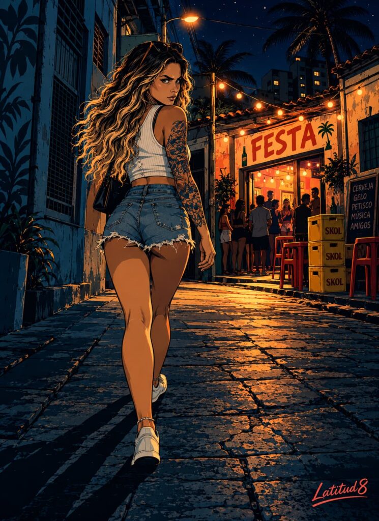 Steffany walking alone towards a lit boteco party in Fortaleza at night, chin up and unbothered, no friends beside her