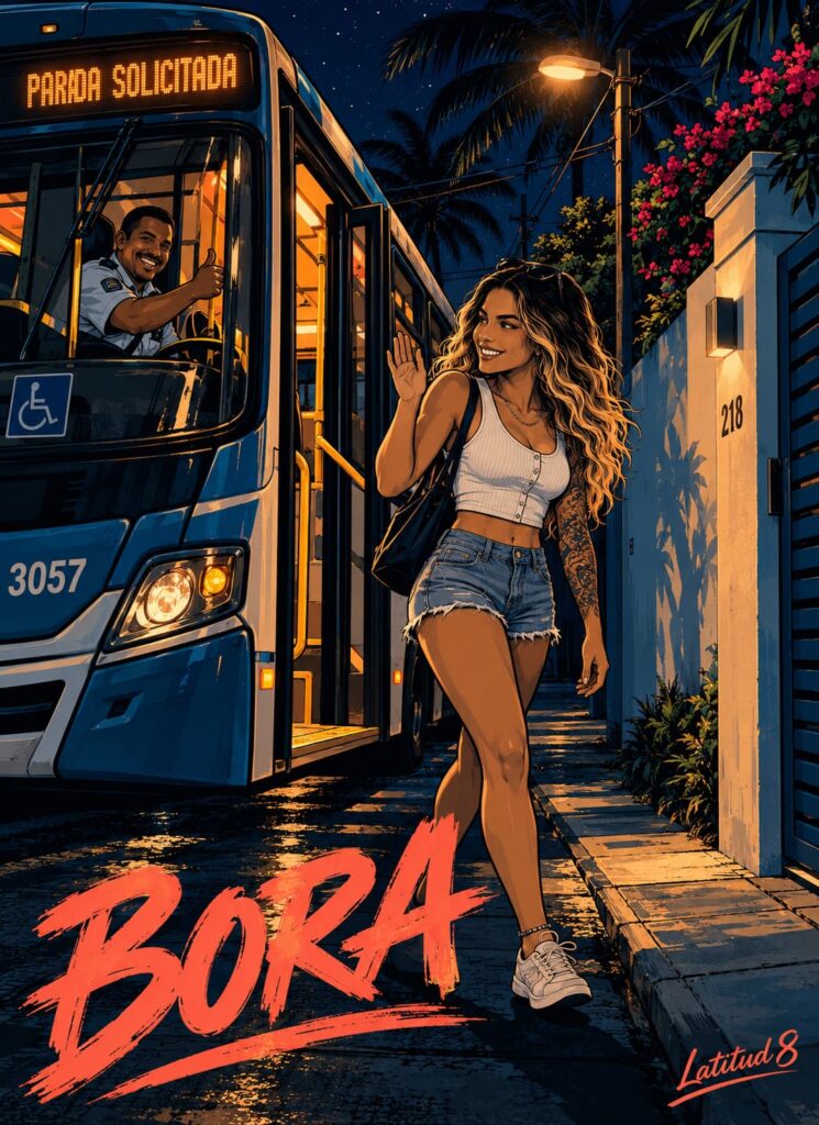 Steffany steps off a night bus right outside her gate in Fortaleza as the driver leans out to wave her in