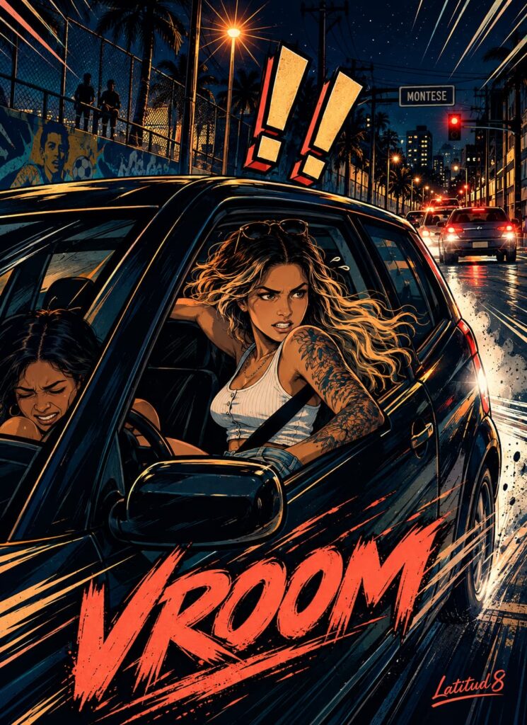 Steffany reversing a car at speed down a one-way Montese street at night while her friend ducks below the windscreen