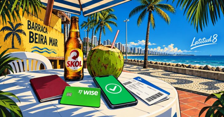 Passport, green Wise debit card and phone fanned on a white plastic table beside a sweating Skol bottle with the red-and-white SKOL label and wordmark clearly legible by the sea